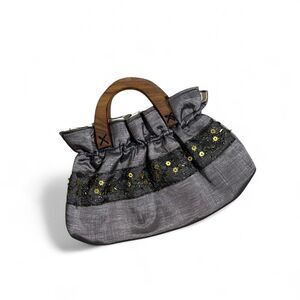 Vintage Y2K ERA Grey, purple and black handbag with wooden handle & beading.